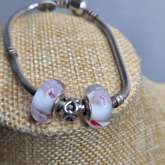Pandora Sterling Silver Charm Bracelet w/ 2 Pink Flower Murano Glass Charms 7.5" - Picture 1 of 9